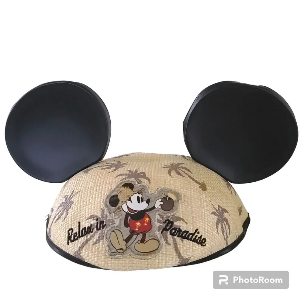 Disney Relax In Paradise Mickey Mouse Ear Hat Straw Coconut Palm Trees One Sz